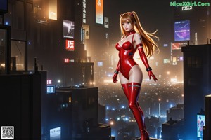 A woman in a red latex outfit standing on top of a building.