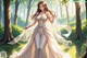 A woman in a white dress standing in a forest.