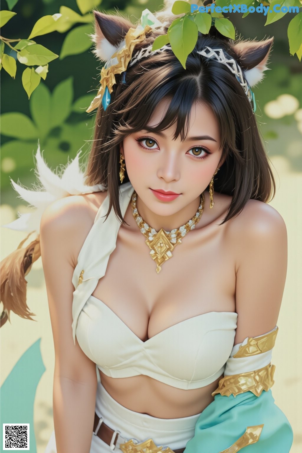 Hentai - Radiant Huntress in Verdant Silks Set.1 20250125 Part 8 P17 No.87f7a4 A woman in a white and blue outfit posing for a picture.
