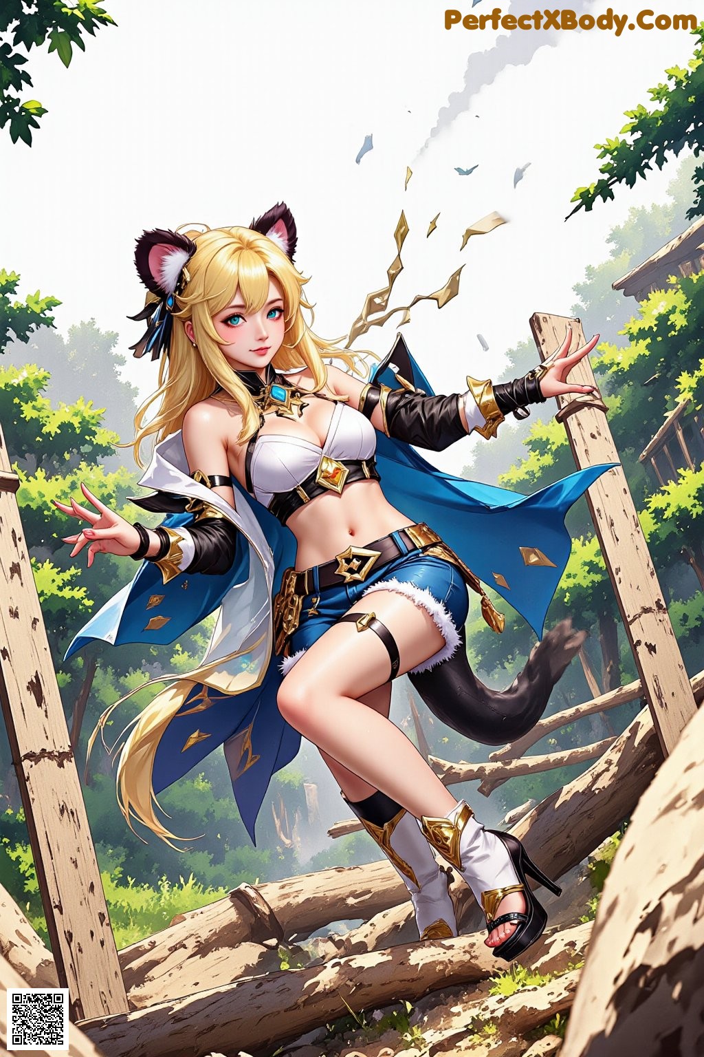 Hentai - Radiant Huntress in Verdant Silks Set.1 20250125 Part 8 P12 No.054c7f A woman in a blue and white outfit is standing on a wooden bridge.